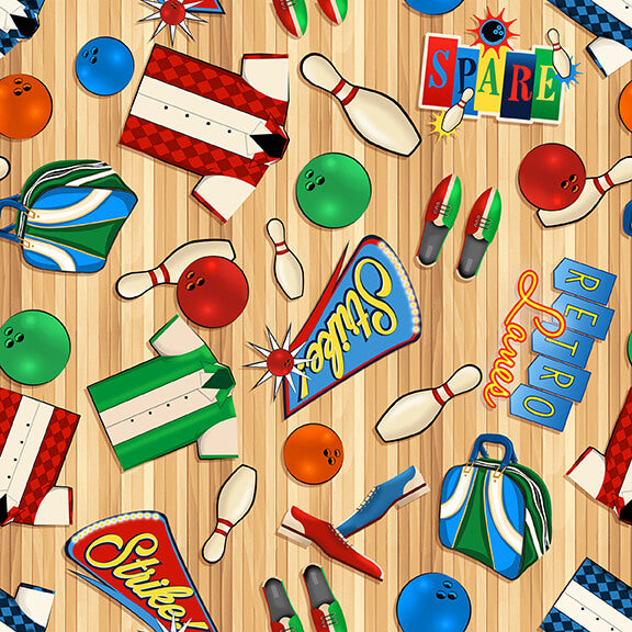 Tossed Bowling Items on Tan Woodgrain: Rock N' Bowl by Urban Essence Designs for Blank Quilting