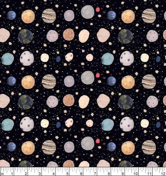 Galaxies - Small Planets on Black - Figo Fabrics