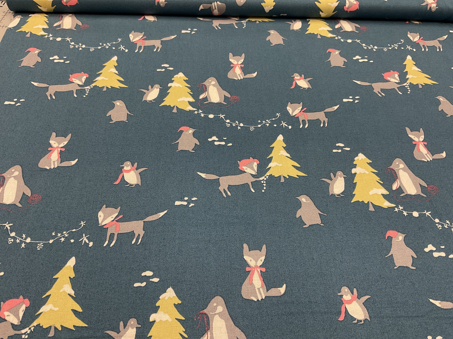 Winter Tales - penguins and fox on blue