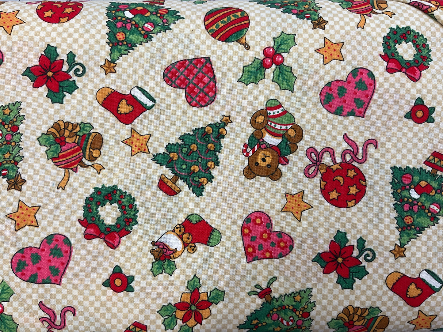 Christmas trees, bears, stockings, etc. on tan