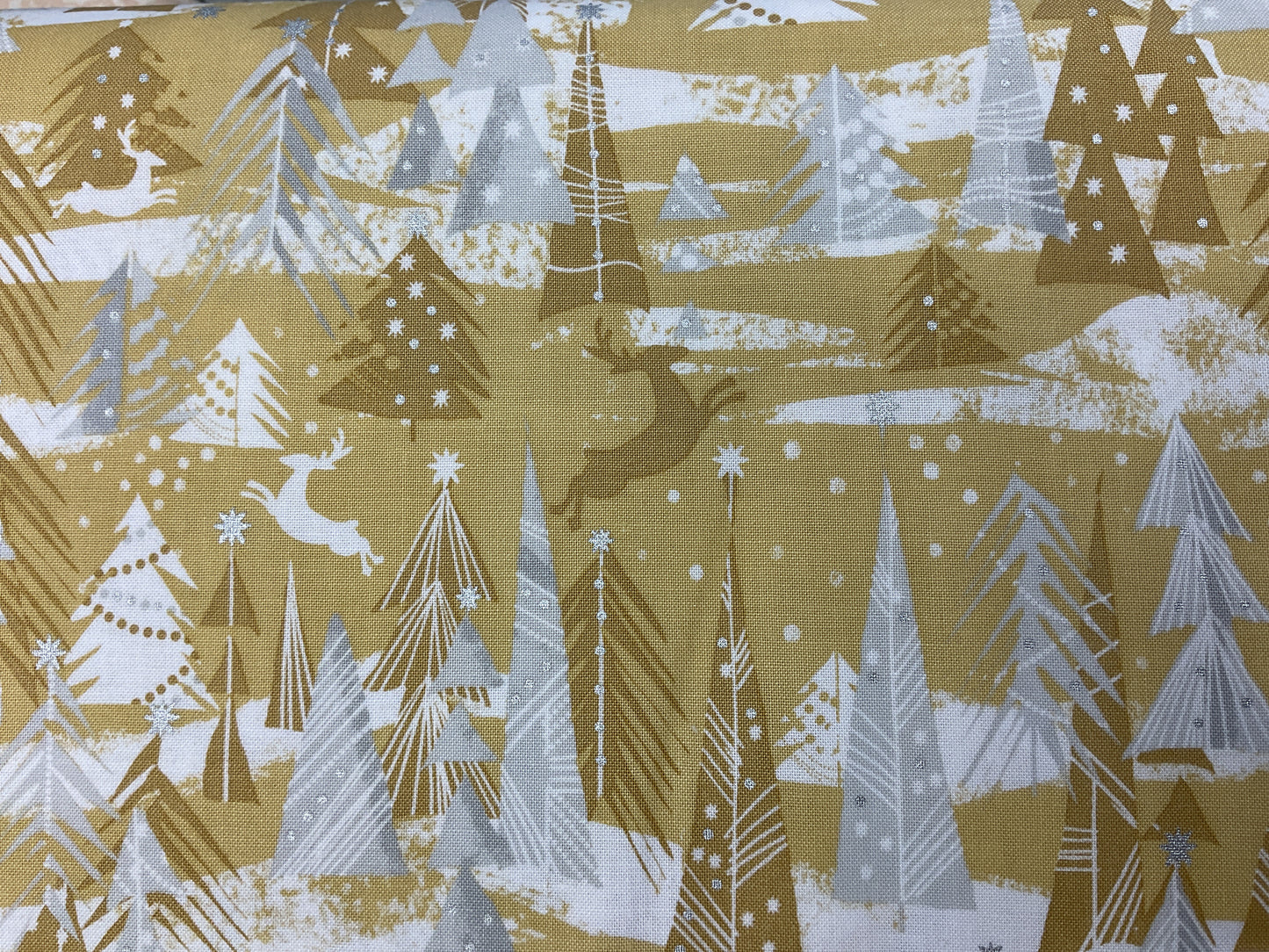 Holiday Village - silver and white trees on gold