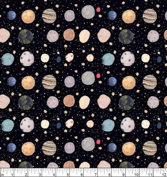 Galaxies - Small Planets on Black - Figo Fabrics