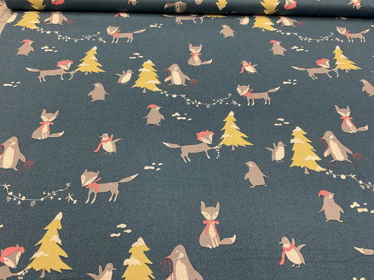 Winter Tales - penguins and fox on blue