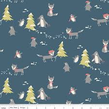 Winter Tales - penguins and fox on blue