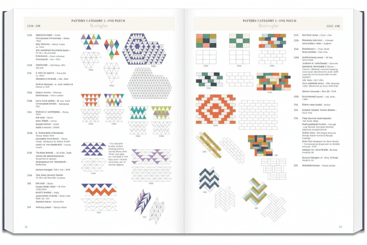 Open book showing pages with geometric patterns and text on a white background